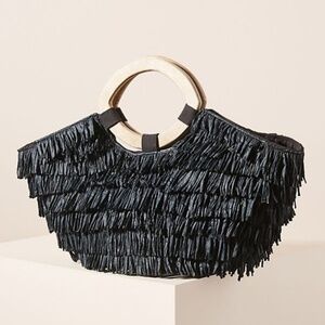 Anthropologie Black Raffia Wooden Handle Tote Bag
